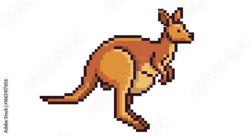 Pixel art icon of a kangaroo in a standing pose, detailed with a retro 8-bit aesthetic on a white background