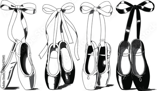 Elegant ballet pointe shoes hanging by ribbons, black and white vector illustration, dance footwear art, graceful performance, classical ballet style, artistic design