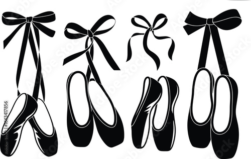 Elegant ballet pointe shoes hanging by ribbons, black and white vector illustration, dance footwear design, fashion sketch, graceful artistic composition