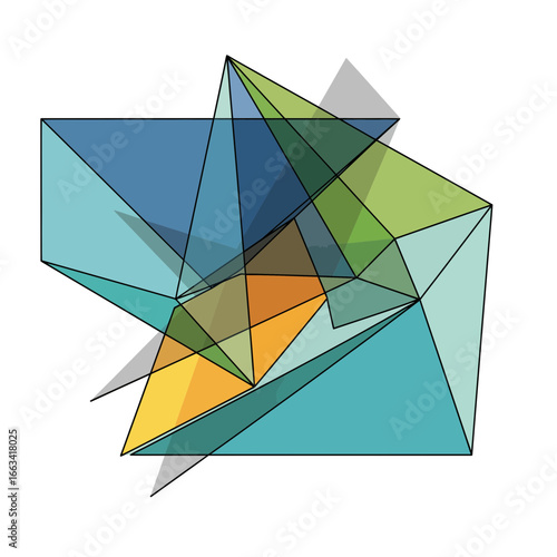 Cubist-inspired vector illustration featuring a complex interplay of colorful, transparent geometric forms on a clean white background