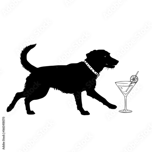 Black dog walking near a cocktail glass on white background  