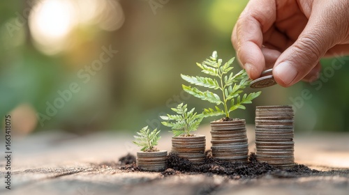 Hand Placing Seedling on Growing Coin Stacks Symbolizing Sustainable Investment