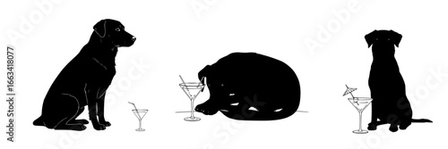 vector set - Three black dogs with cocktails in playful poses 