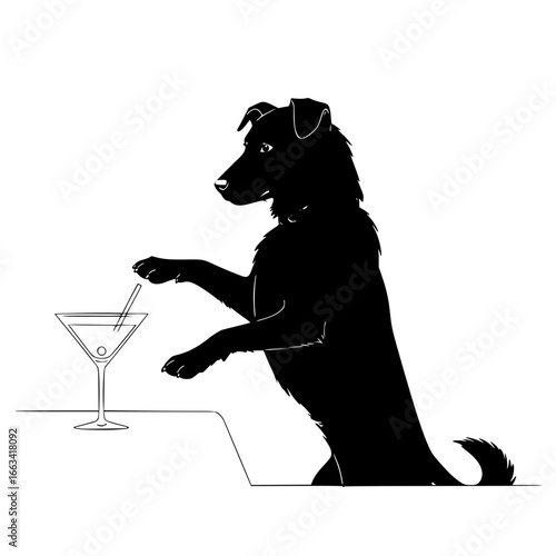 Black dog with cocktail - dog reaching for a martini glass on a table  