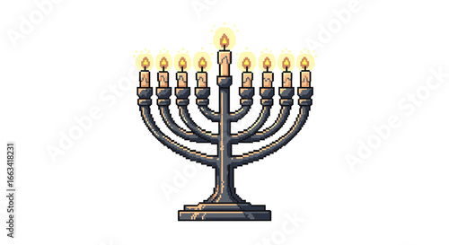 Pixel art menorah with nine lit candles, a traditional symbol of Hanukkah celebration