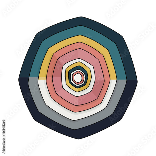Abstract illustration of a multi-layered, geometric shape with a complex, colorful design