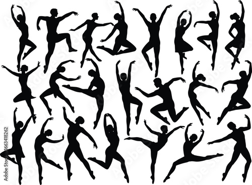 Black silhouette dancers in dynamic poses, ballet and contemporary movements, expressive human motion, elegant choreography, artistic performance, graceful jumping and spinning figures