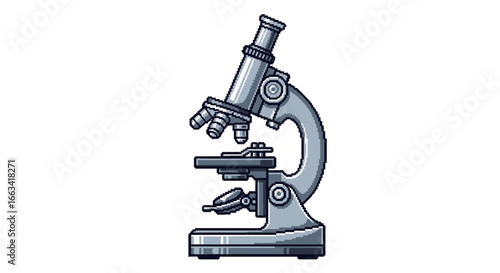 Pixel art icon of a laboratory microscope with metallic gray tones and crisp lines