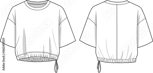 Cropped T-Shirt CAD Flat Sketch Vector Template - Drawstring Hem Detail (Front & Back Views)

