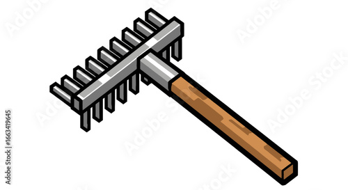 Pixel art icon of a garden rake head with wooden handle, perfect for landscaping tasks