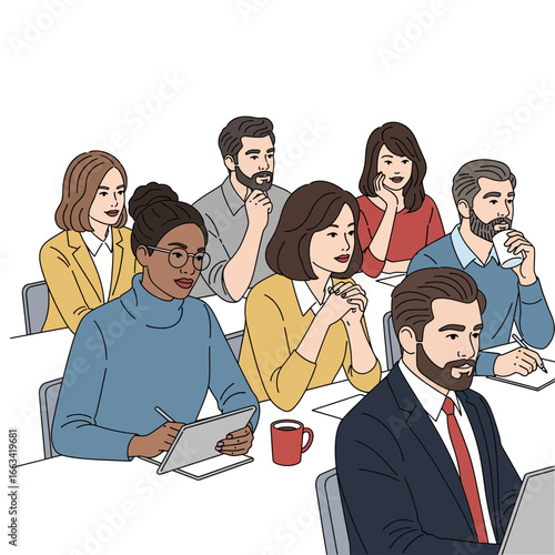 Engaged group of diverse professionals intently focused on a speaker during an informative business conference, fostering an environment of collaborative learning and strategic development
