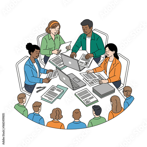 Vector illustration of a diverse business committee reviewing documents and working together