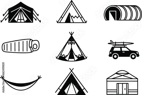 Camping and outdoor activity icons set, black vector silhouettes of tents, sleeping bag, hammock, car with surfboard, travel and adventure design elements