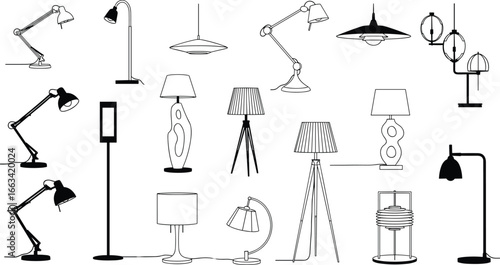 Lamp collection, black and white vector illustration, desk lamps, floor lamps, table lamps, pendant lights, modern and artistic lighting fixture designs