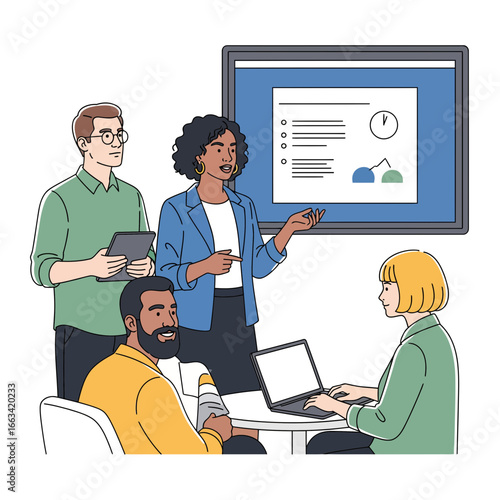 Diverse business team in a strategic meeting, collaborating on project planning and data analysis in a modern office environment