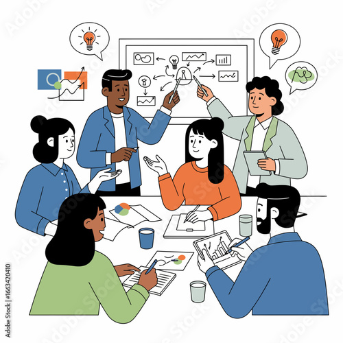 Diverse team of colleagues collaborating on a business strategy during a creative brainstorming meeting
