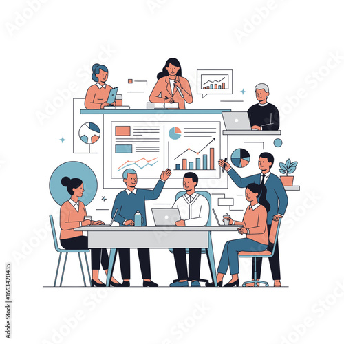 Business meeting illustration depicting teamwork and collaboration for achieving common goals in a professional setting