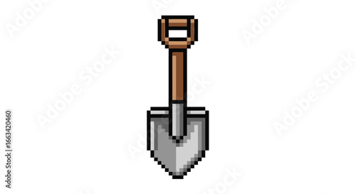 Detailed pixel art icon of a sturdy digging shovel with a wooden handle, minimal color palette, on a clean white background