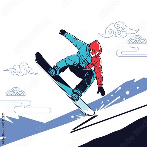 Energetic illustration of a snowboarder in mid-jump, carving through a stylized snowy terrain with intricate cloud designs in the background
