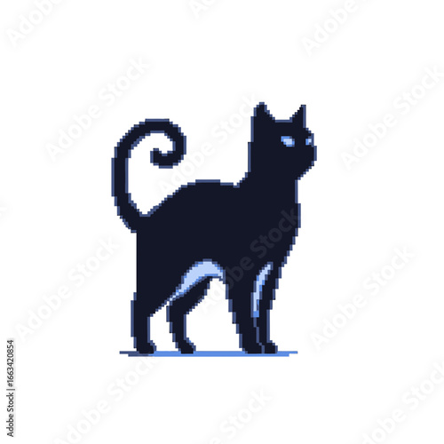 Pixel art black cat icon with glowing blue eyes and a curled tail on a white background