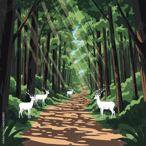 Majestic white deer illuminated by sunbeams on a tranquil path through a deep, verdant forest