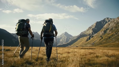 Two hikers trek across a scenic mountain valley during daylight in a continuous outdoor exploration