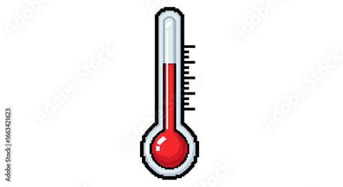 Pixel art icon of a classic thermometer with a glossy red bulb and rising liquid, for measuring weather,climate, or fever. Isolated on white