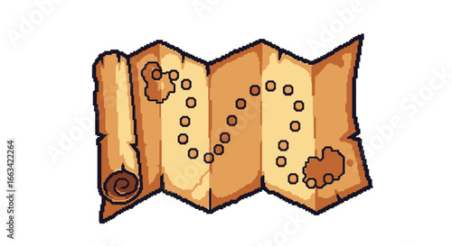 A charming pixelated icon depicting a vintage treasure map, unfolded to reveal a winding dotted route and mysterious landforms on a plain white canvas, perfect for games and adventure themes