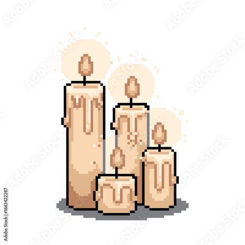 Pixelated candle illustration Glowing wax drippings create a warm, cozy ambiance of light and shadow in a group