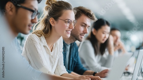 Collaboration & Innovation: Diverse group of students studying and working together in a light-filled environment, embodying the spirit of teamwork and shared learning. 