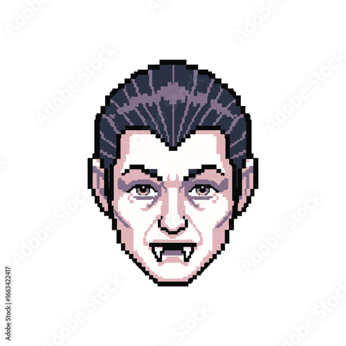 Retro pixel art icon of a vampire's head with fangs, 8-bit style for gaming or spooky digital projects on a white background