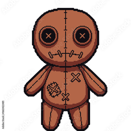Pixel art icon of a creepy brown voodoo doll with stitched button eyes and patches, isolated on a white background