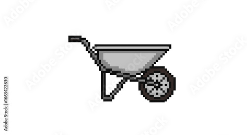 Pixel art icon of a garden wheelbarrow with a silver tray and single wheel, bold outline, no text, on a white background