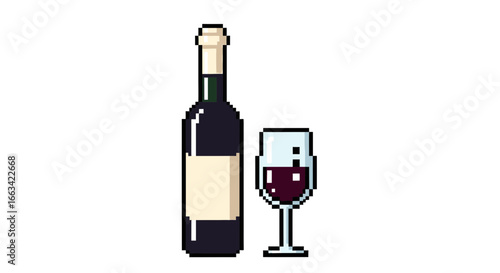 Pixel Art Icon A Bottle and Glass of Red Wine, Minimalist Design on a Clean White Background