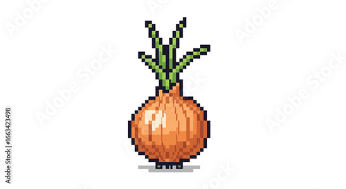 Charming pixel art icon depicting a garden-fresh onion, ideal for vintage video game assets, healthy eating blogs, or farming simulations