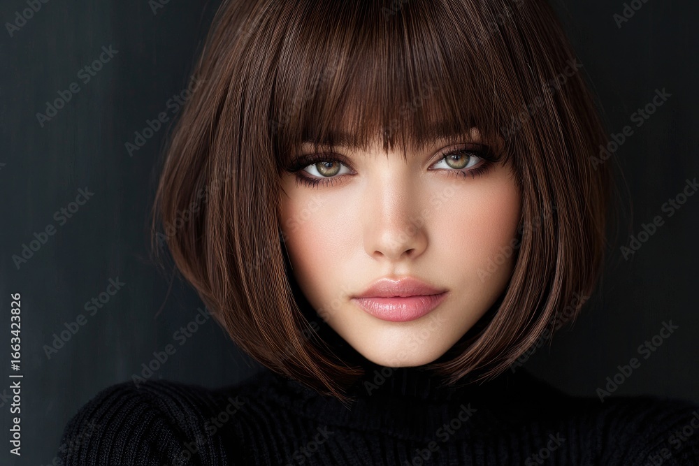 Fototapeta premium a woman with a straight, brown bob haircut, bangs, and a dark background, as if for a hair salon advertisement