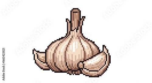 Pixel art graphic of a fresh garlic bulb and separated cloves, presented in a charming retro aesthetic, ideal for digital culinary themes
