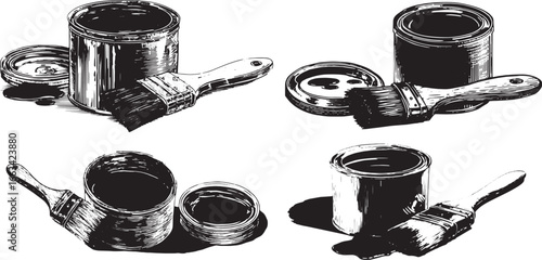 A paintbrush and an open can of black ink, a simple vector illustration in the style of a woodcut, on a white background, with a simple design, thick lines .eps