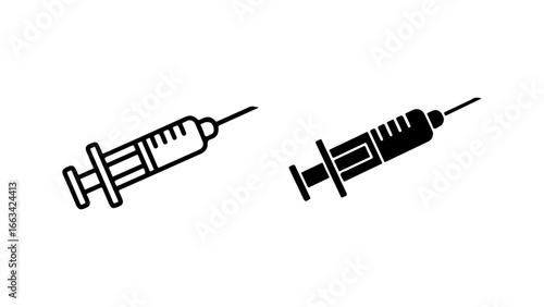 Syringe icon set in line and solid glyph styles. Medical injection vector symbol collection isolated on a white background.