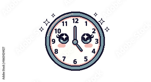 Kawaii Pixel Art Clock Icon with Sparkly Eyes and Blushing Cheeks, Cute Timepiece Illustration