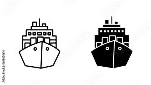 Cargo Ship Icon Set with Line and Solid Glyph Styles on a White Background