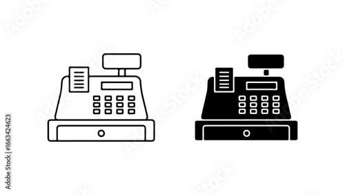 Cash register icon set with outline and solid glyph styles, vector illustration for payment and retail concepts on a white background.