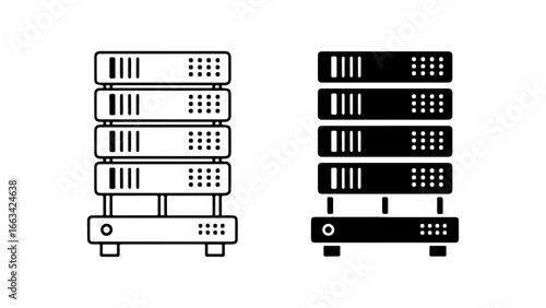 Server rack icon set in both line and solid glyph styles, isolated on a white background. Vector illustration of data center equipment.