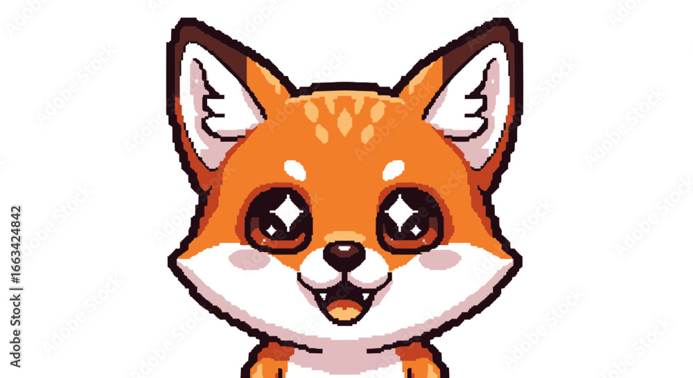 Fototapeta premium Adorable pixel art fox cub icon with big sparkly eyes and a happy smile