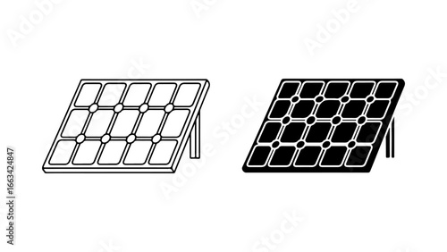 Solar panel icon set in outline and solid glyph styles. Vector illustration of a photovoltaic module for renewable energy, isolated on a white background.
