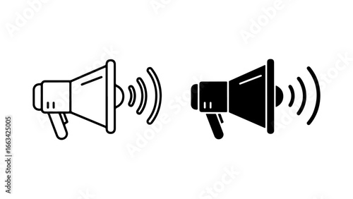 Megaphone icon set with outline and solid glyph styles, depicting sound waves for announcements, isolated on a white background.