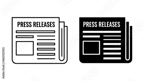 Press Releases Newspaper Icon Set in Line Art and Solid Black Styles on a White Background
