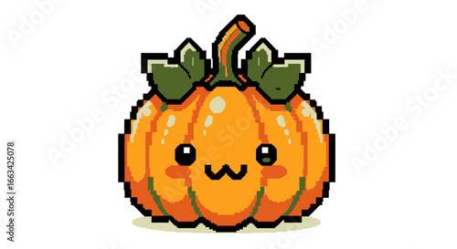 Adorable pixel art pumpkin icon with a charming smile and rosy blush, perfect for autumn and harvest celebrations