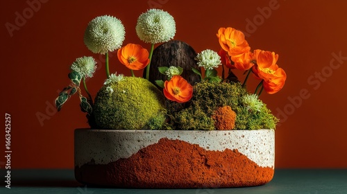 Floral art arrangement in a terra-cotta bowl
