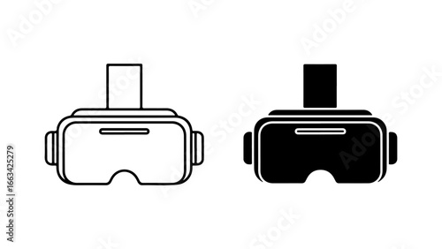 Virtual Reality Headset Icon Set in Outline and Solid Styles Isolated on a White Background
